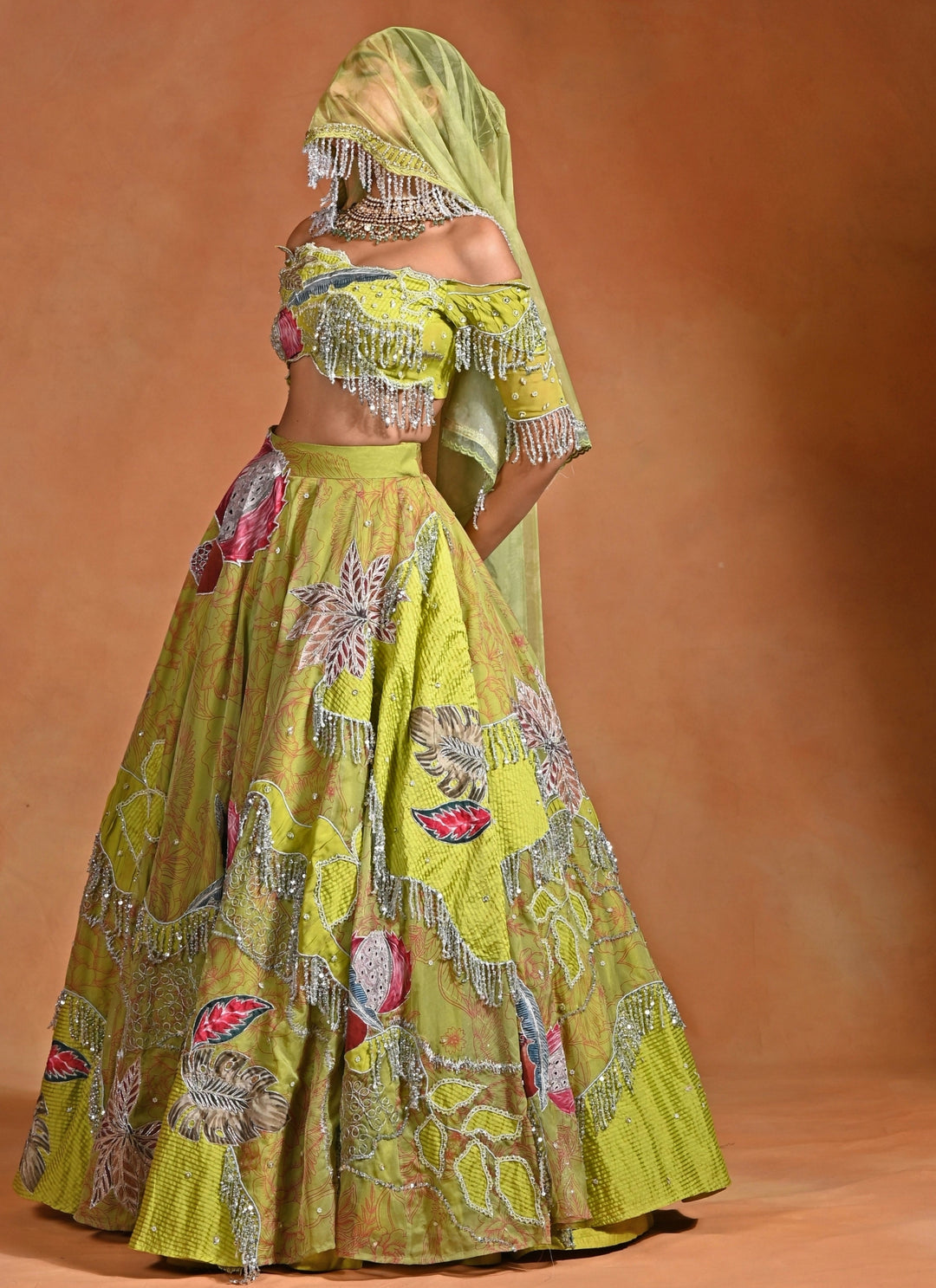 Green Organza Lehenga Set With Off Shoulder Blouse