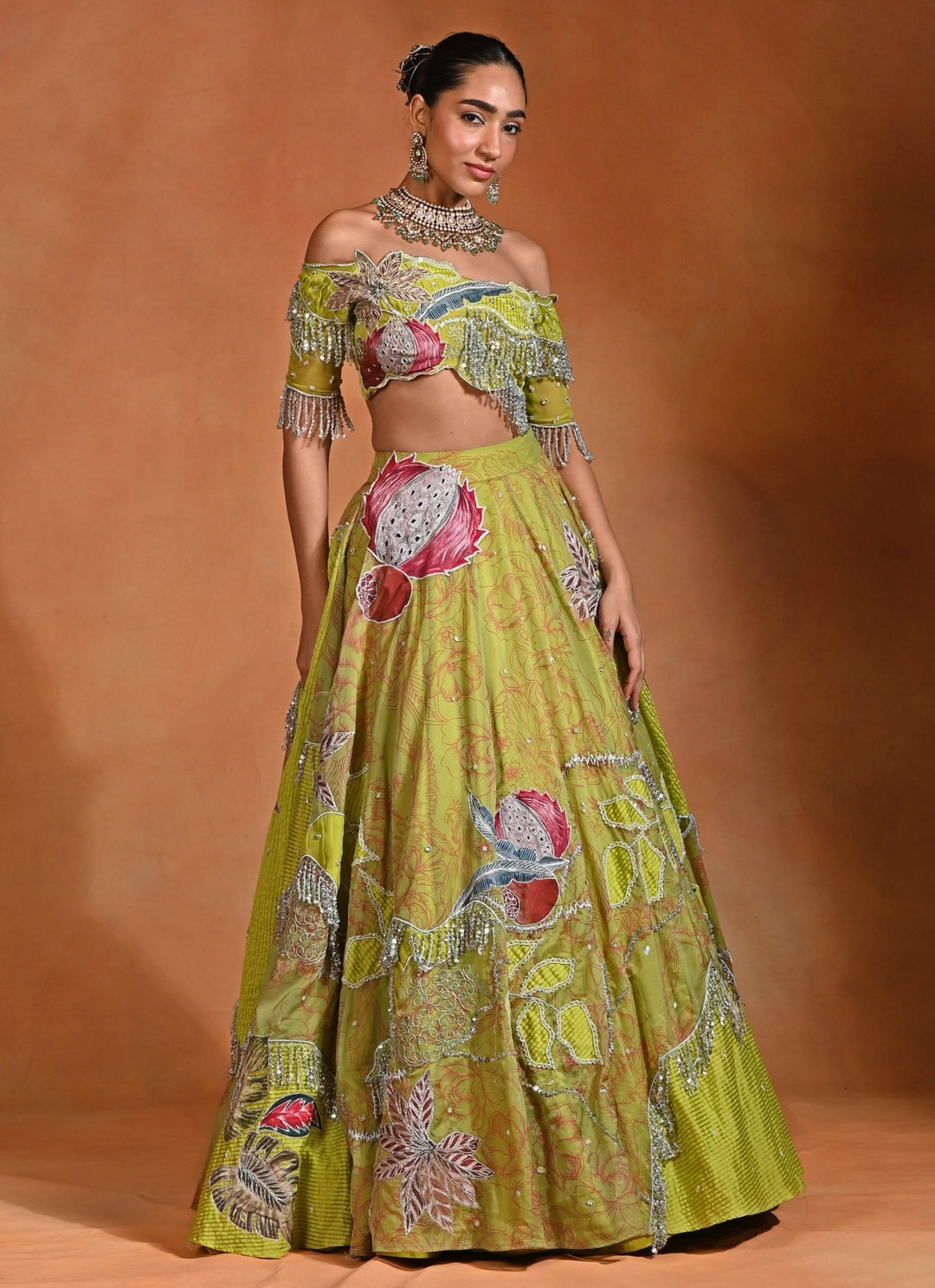 Green Organza Lehenga Set With Off Shoulder Blouse