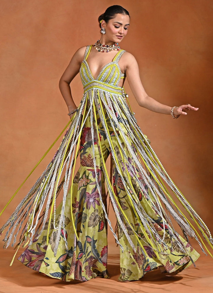 Green Floral Printed Crepe Top And Flared Pants