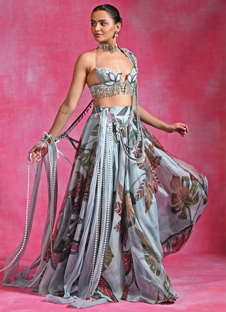 Ice Blue Printed Organza Lehenga Set With Cape