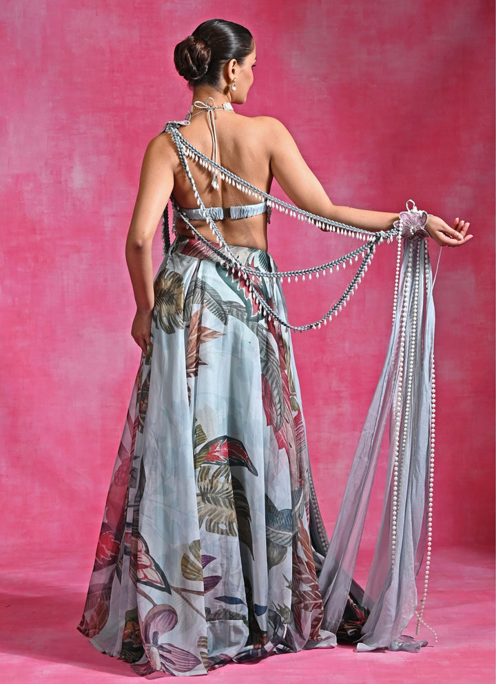 Ice Blue Printed Organza Lehenga Set With Cape