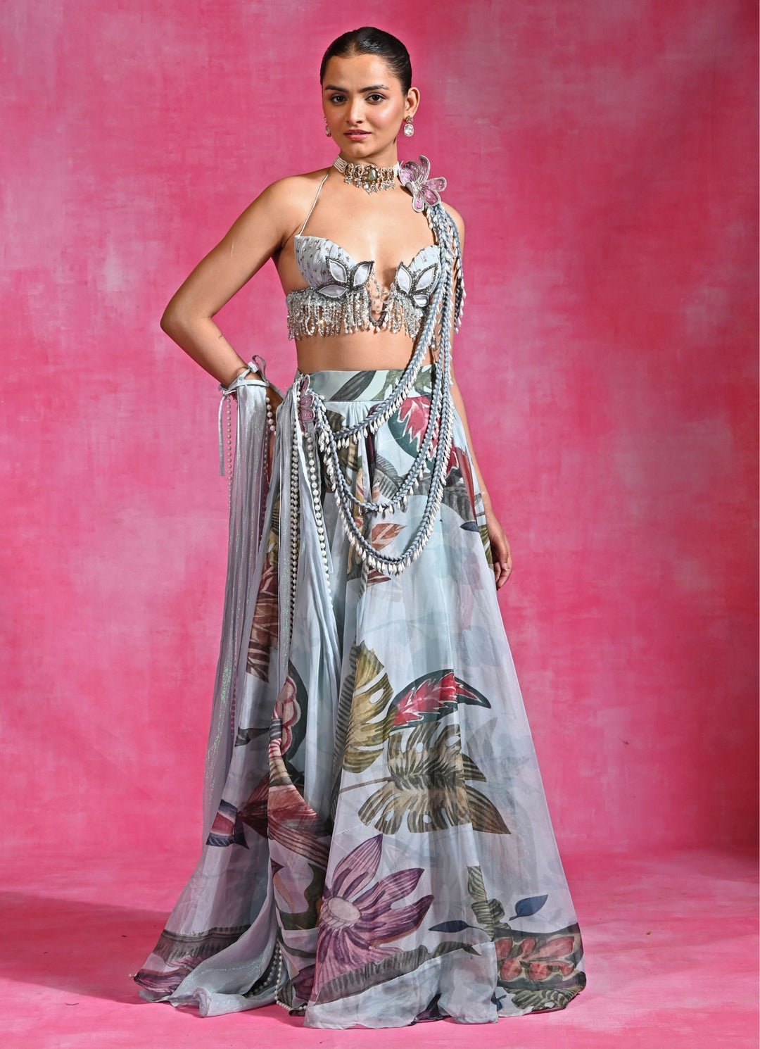 Ice Blue Printed Organza Lehenga Set With Cape