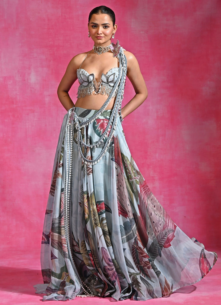 Ice Blue Printed Organza Lehenga Set With Cape