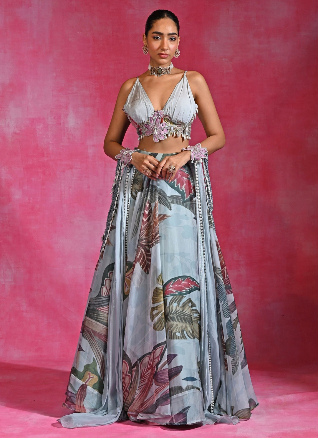 Ice Blue Floral Organza Lehenga Set