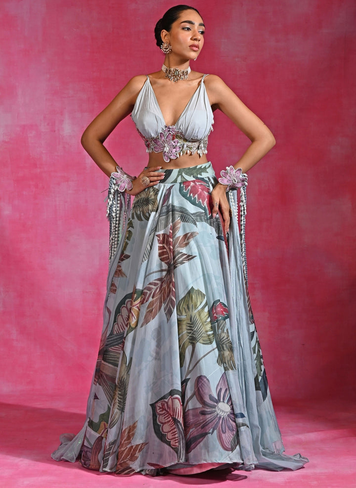 Ice Blue Floral Organza Lehenga Set