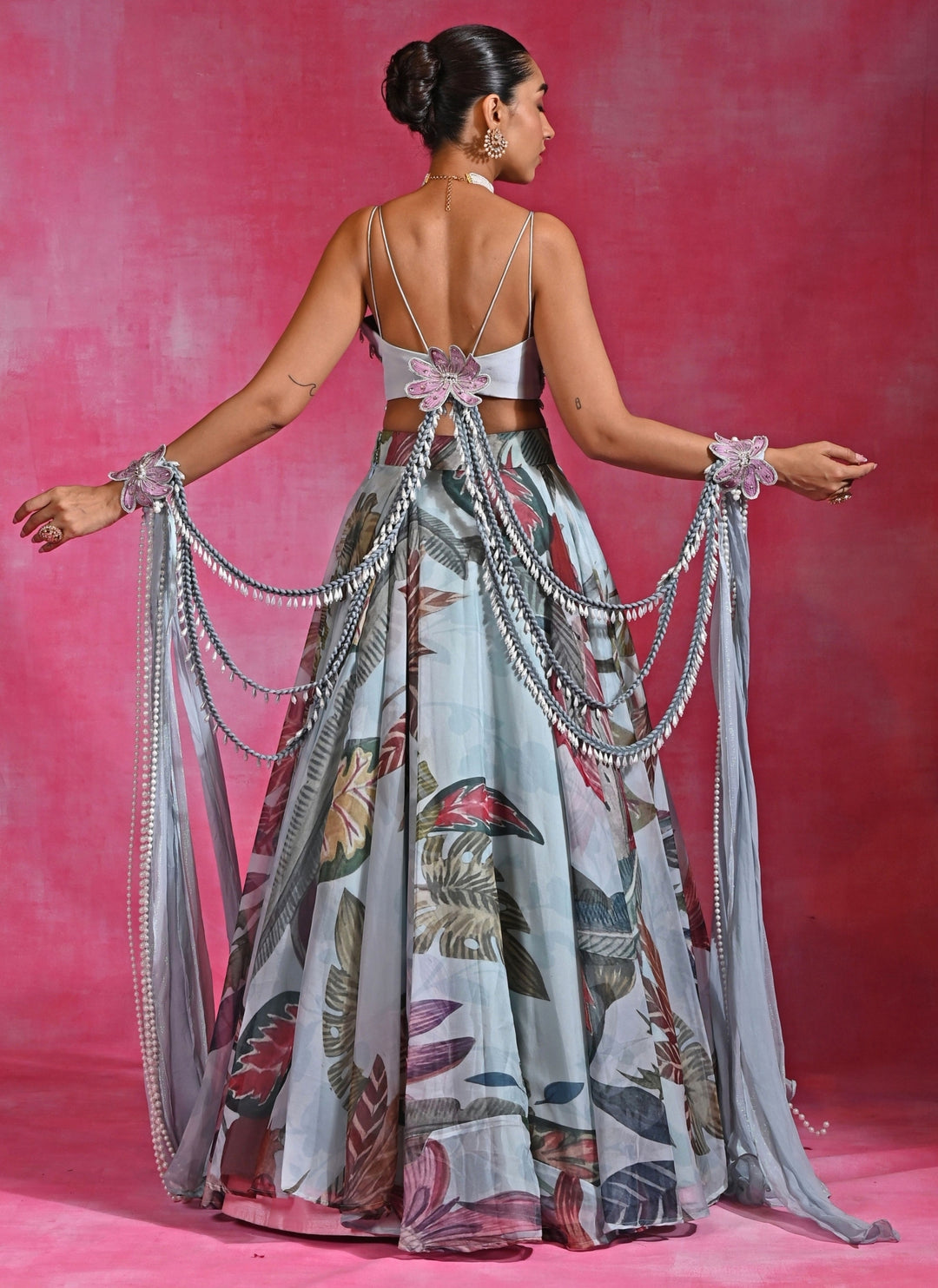 Ice Blue Floral Organza Lehenga Set