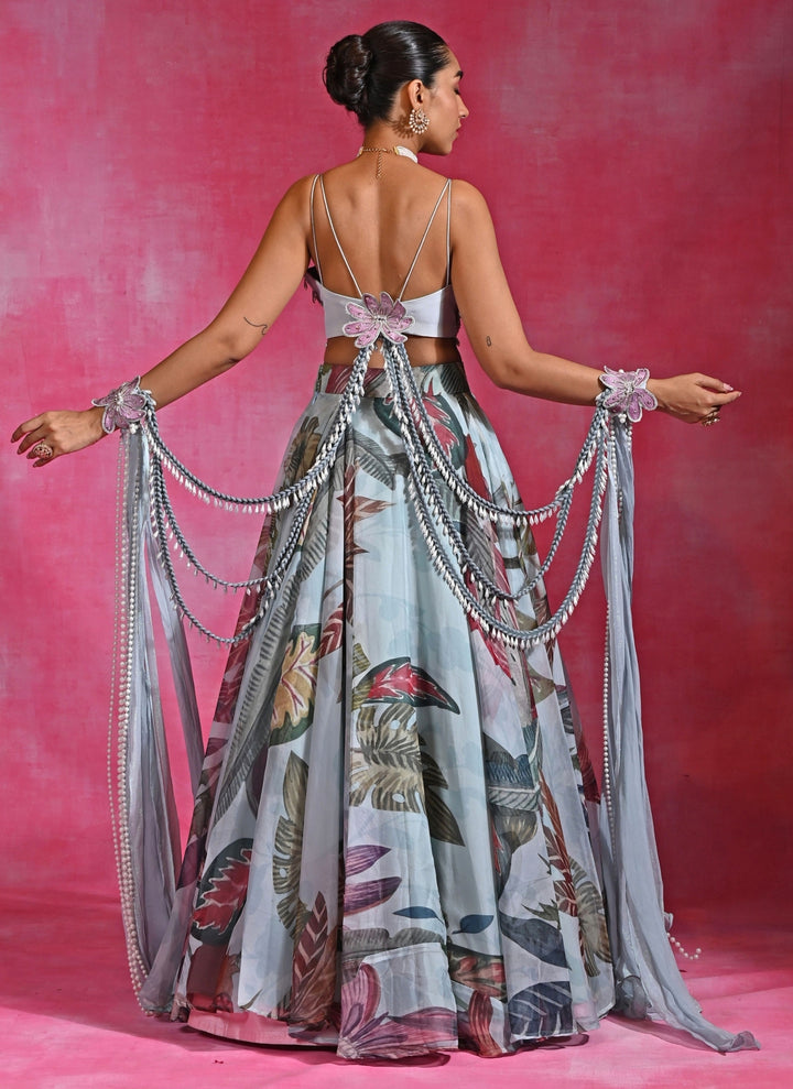 Ice Blue Floral Organza Lehenga Set