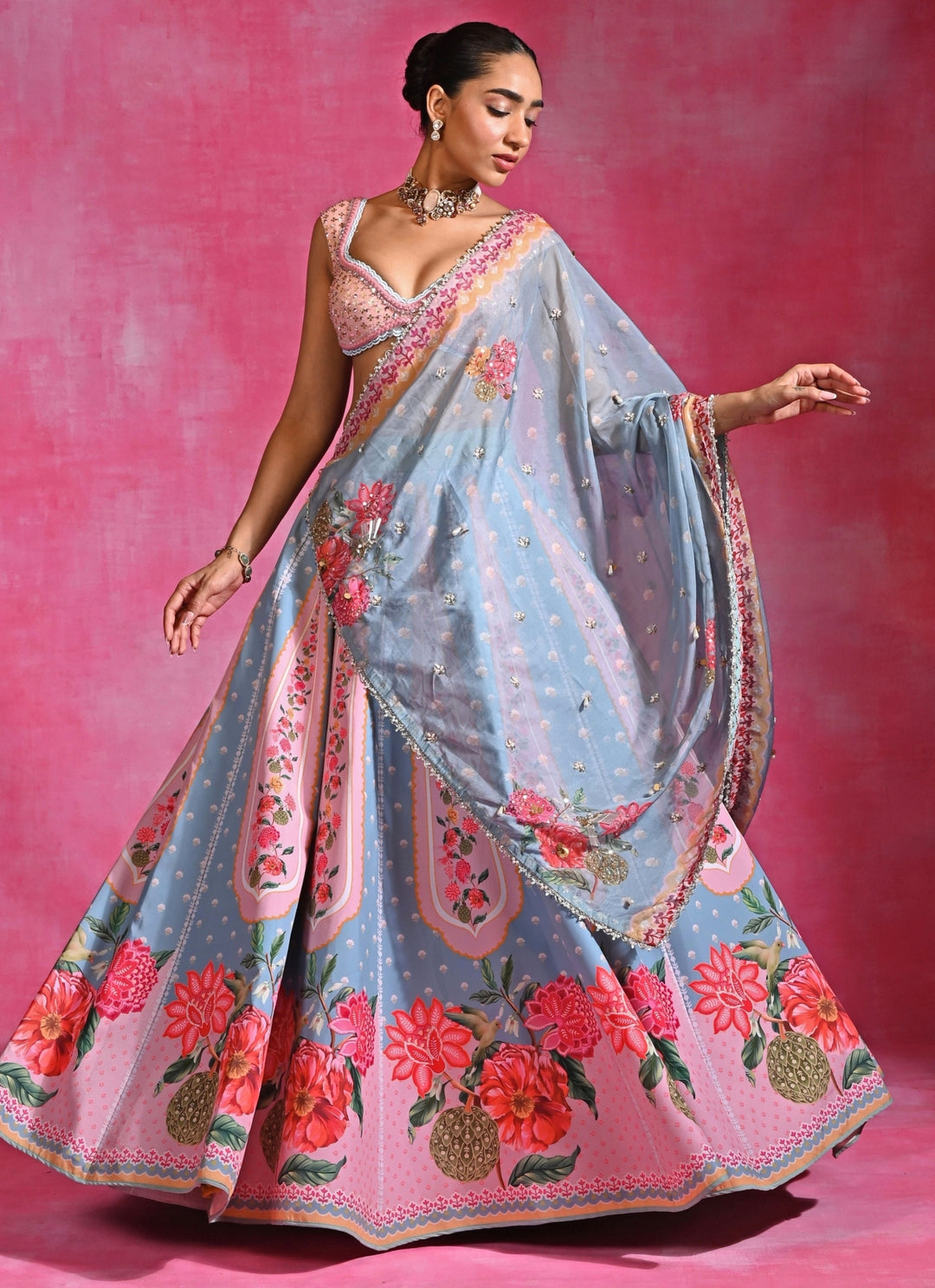Ice Blue And Pink Crepe Lehenga Set