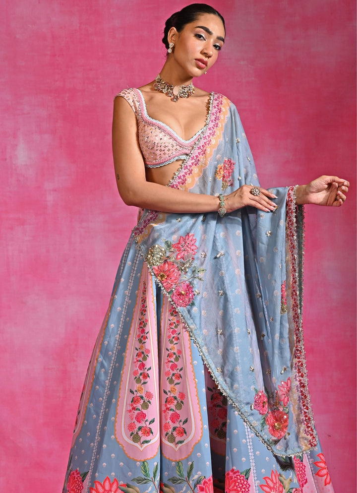 Ice Blue And Pink Crepe Lehenga Set