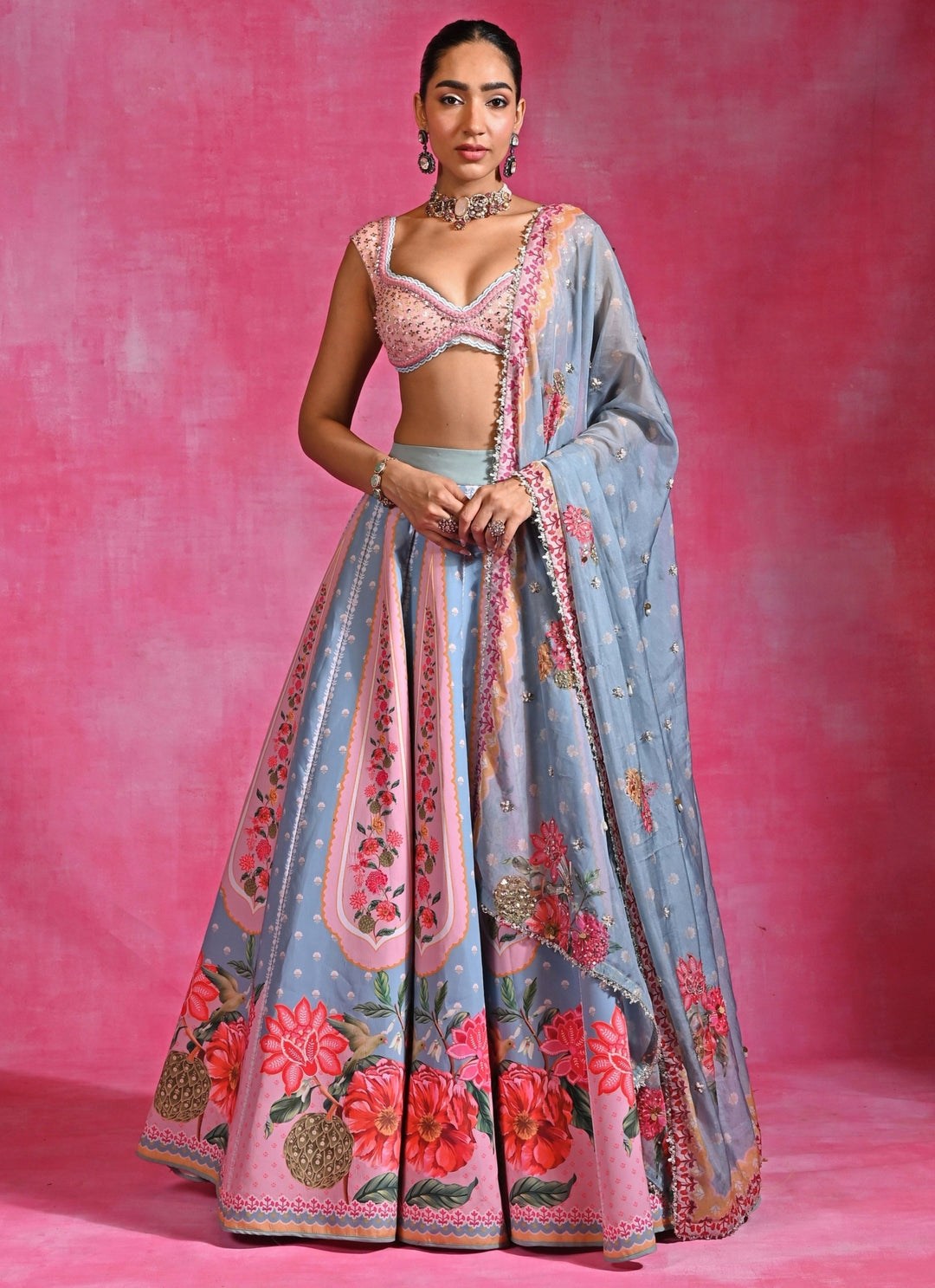 Ice Blue And Pink Crepe Lehenga Set
