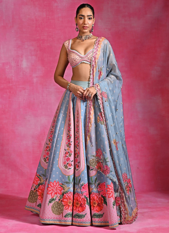 Ice Blue And Pink Crepe Lehenga Set