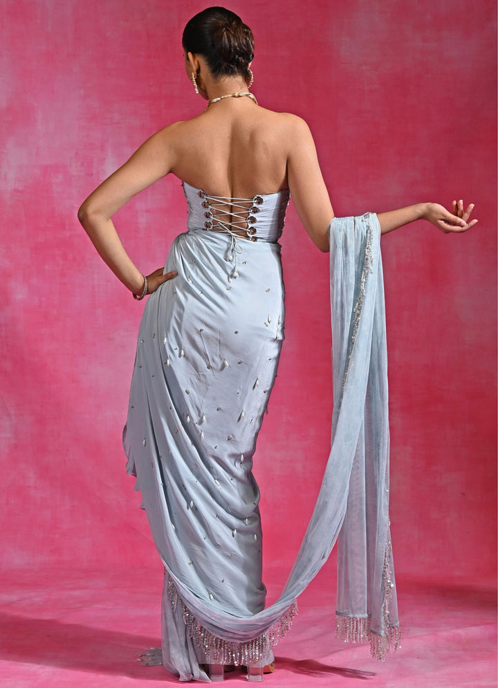 Ice Blue Crepe Slit Saree Set With Corset Blouse