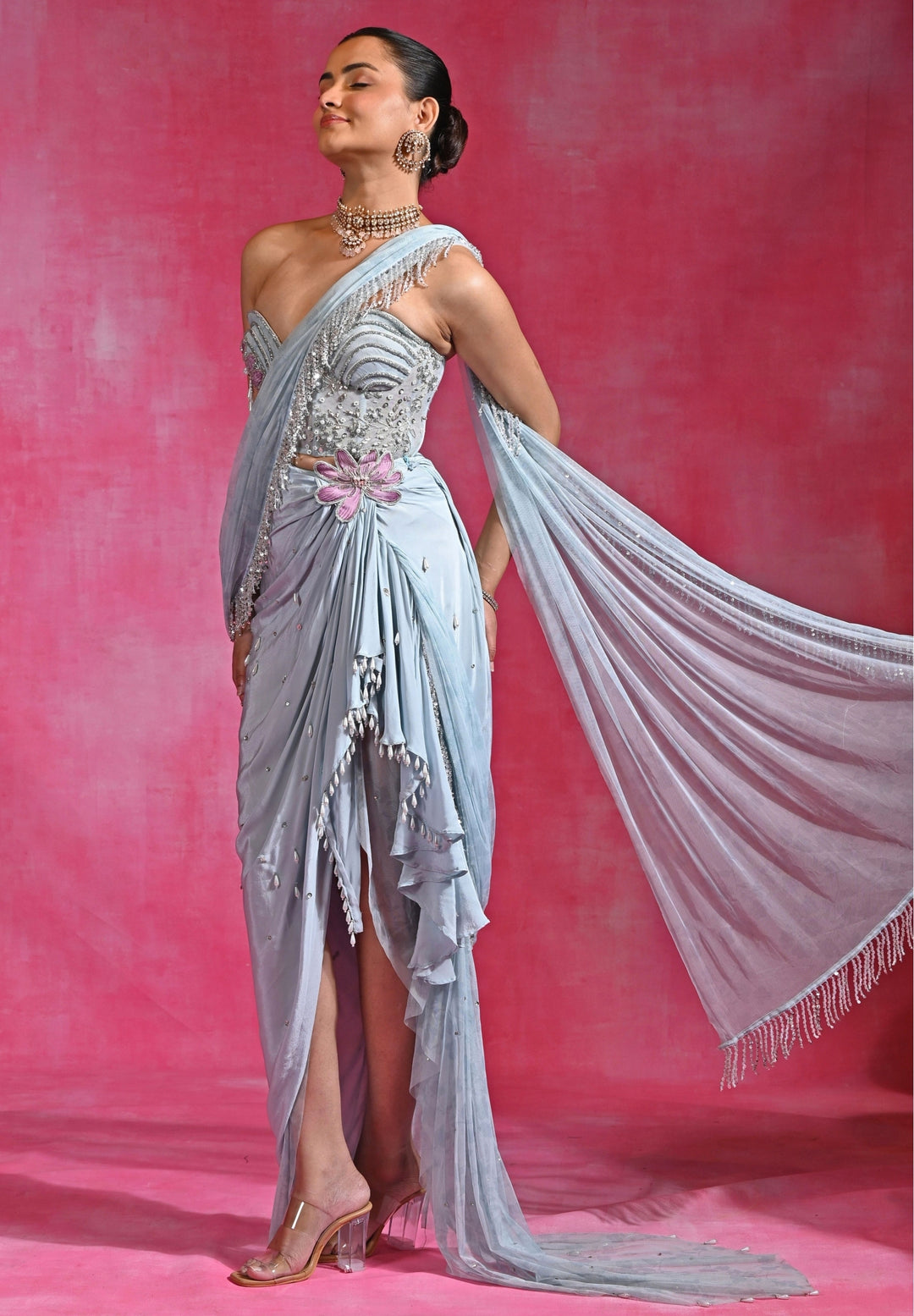 Ice Blue Crepe Slit Saree Set With Corset Blouse