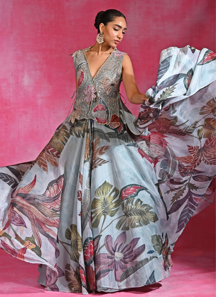 Ice Blue Floral Organza Lehenga Set With Shrug