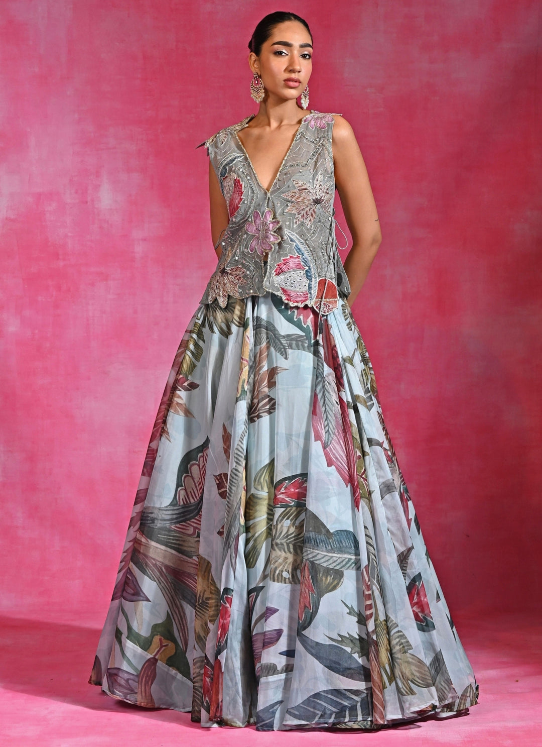 Ice Blue Floral Organza Lehenga Set With Shrug