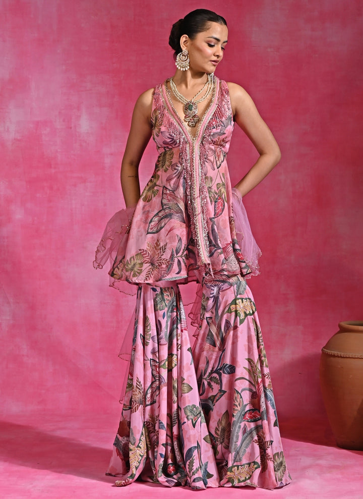 Pink Crepe Peplum Kurta Sharara Set