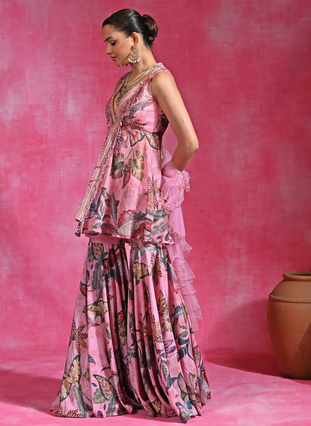 Pink Crepe Peplum Kurta Sharara Set