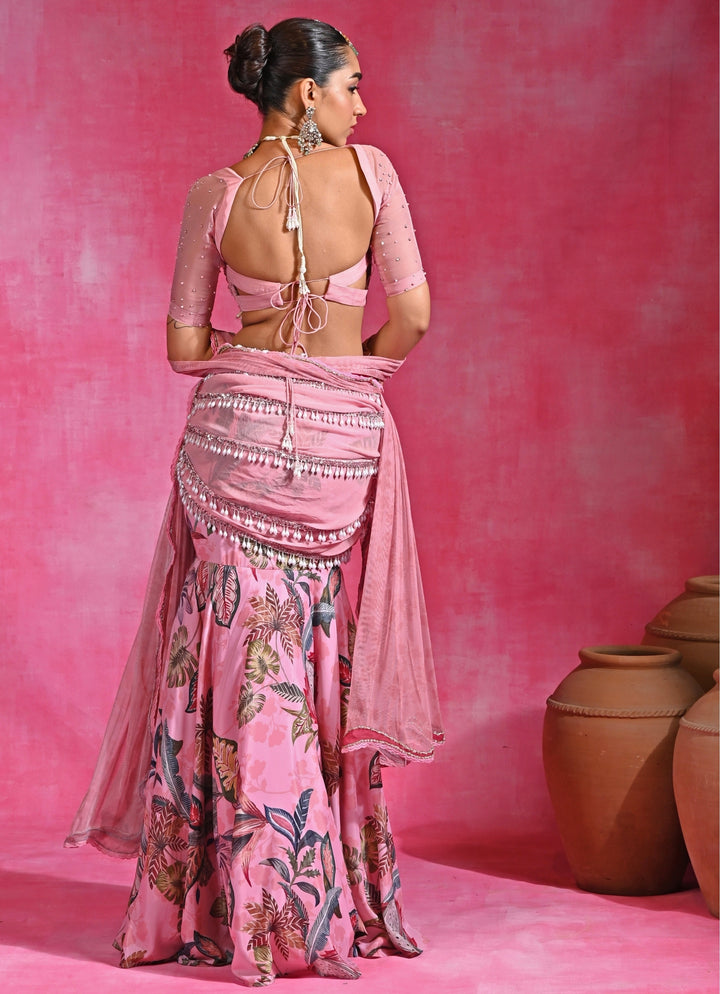 Pink Printed Crepe Mermaid Lehenga Set