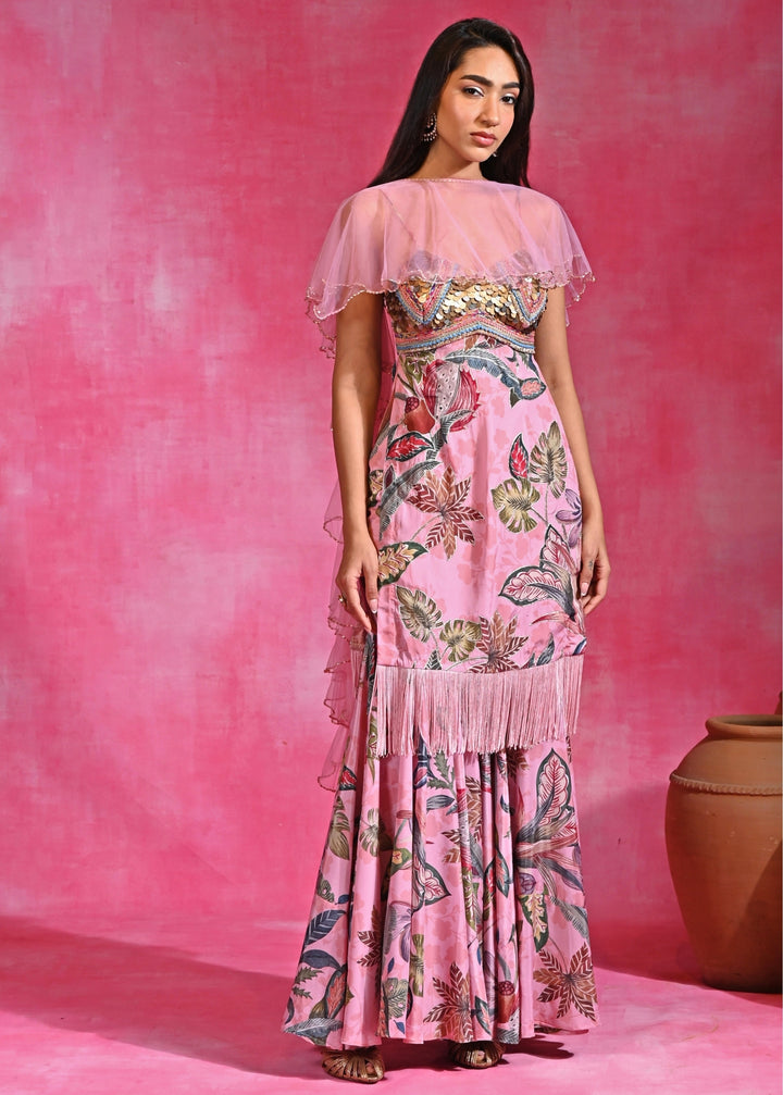 Pink Printed Crepe Kurta Pants Set