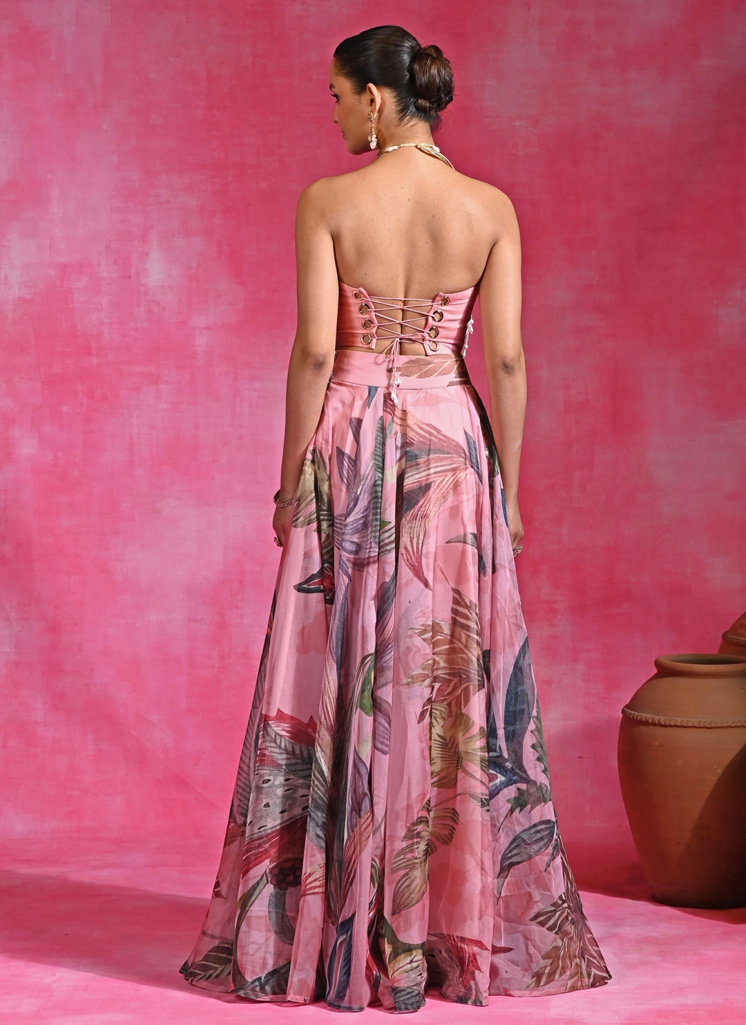Pink Printed Organza Corset Lehenga Set