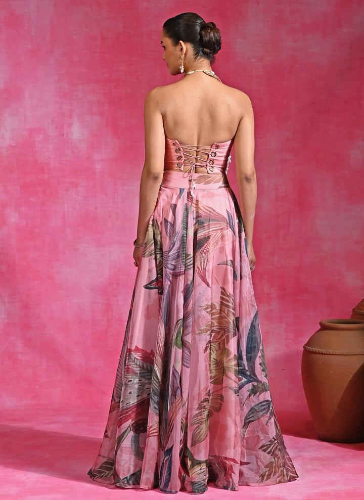 Pink Printed Organza Corset Lehenga Set
