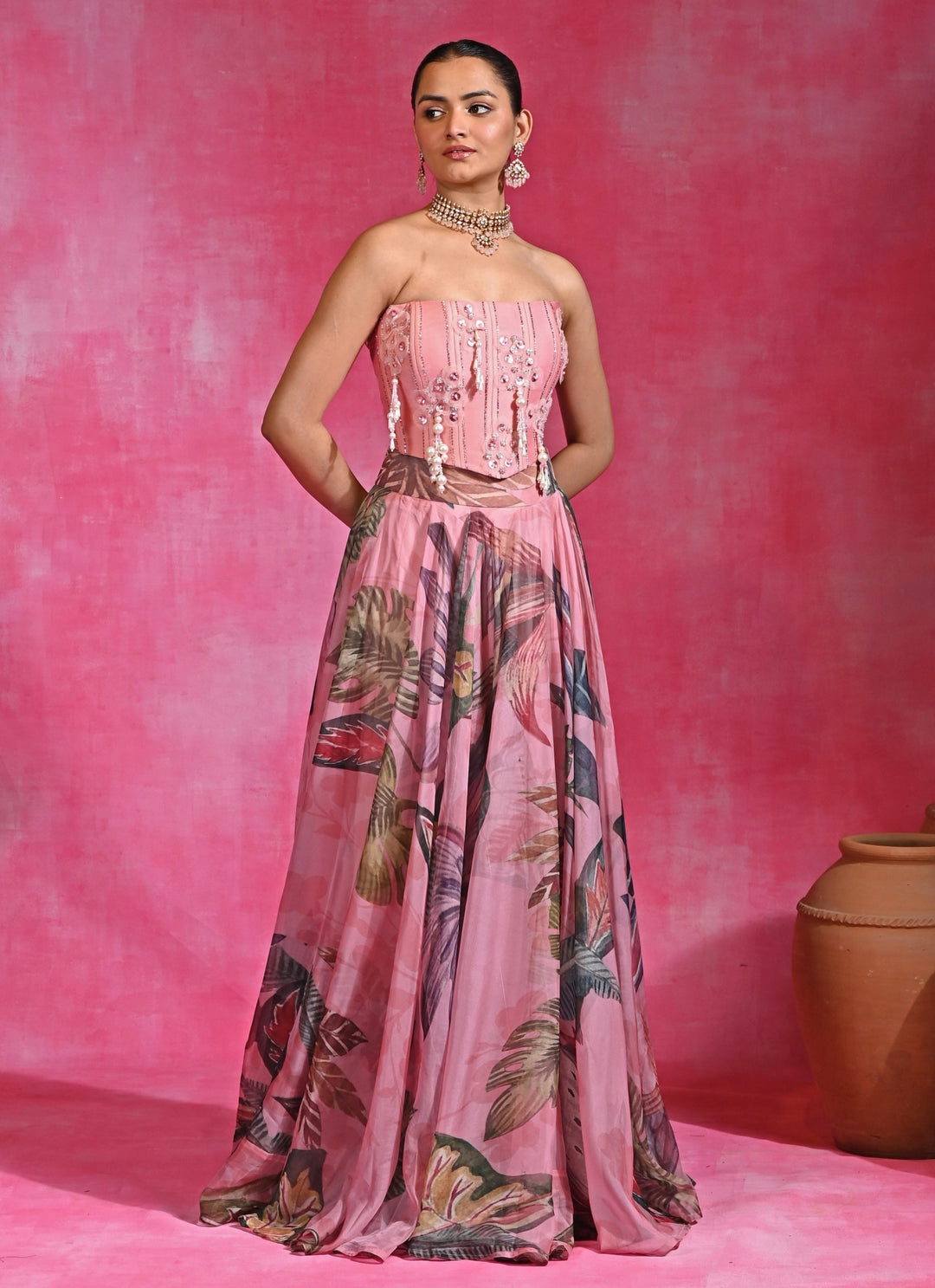Pink Printed Organza Corset Lehenga Set