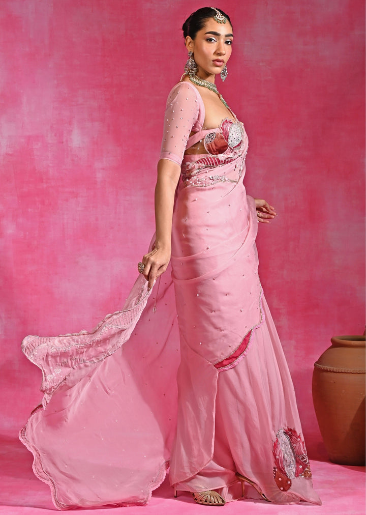 Pink Organza Pre-Draped Saree Set