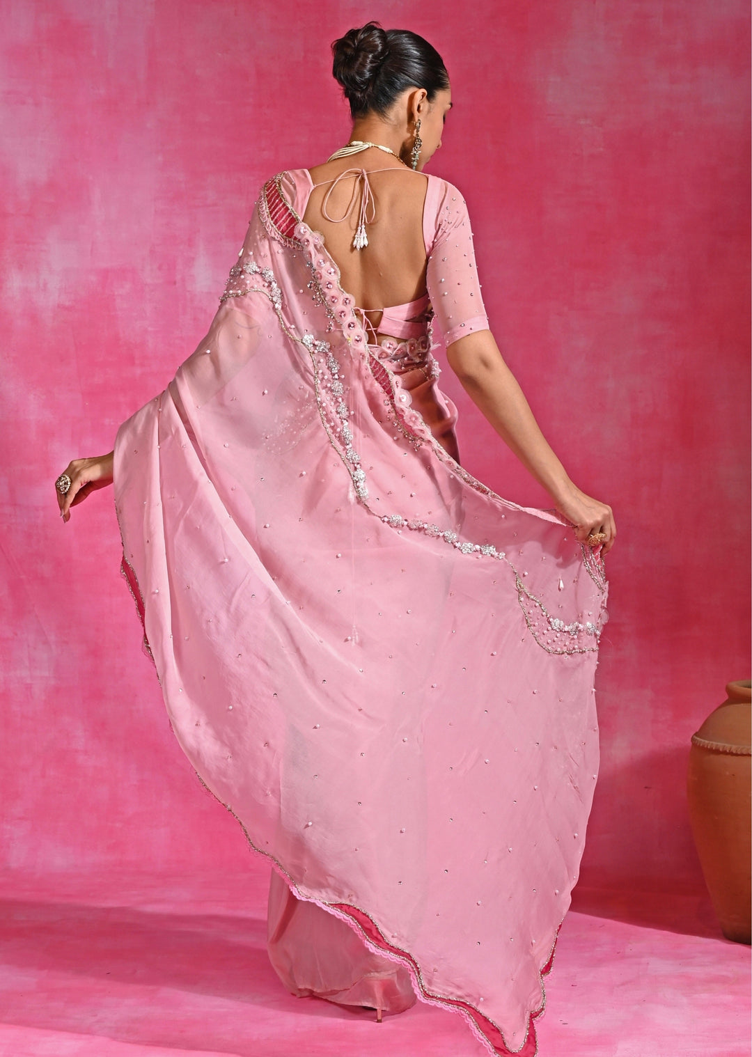 Pink Organza Pre-Draped Saree Set