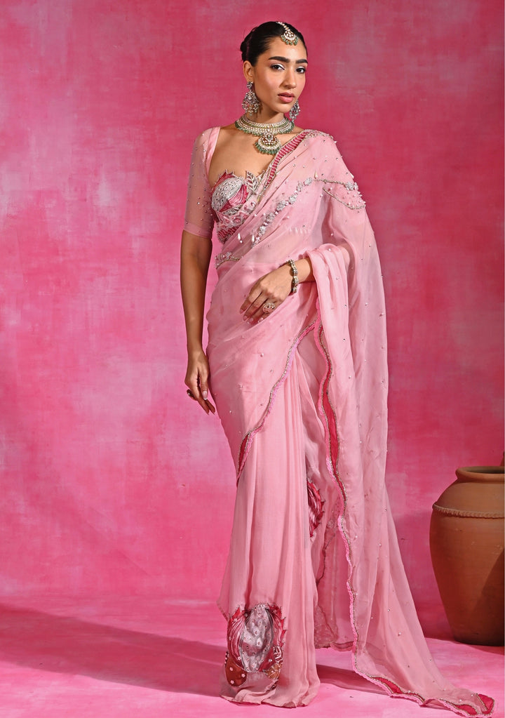 Pink Organza Pre-Draped Saree Set