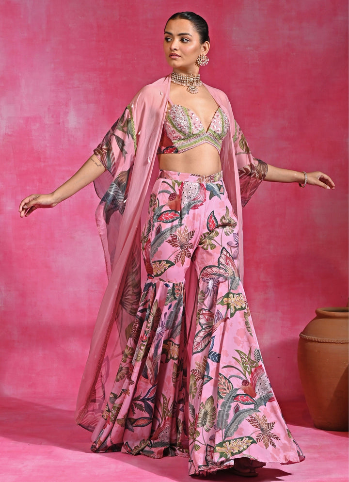 Pink Printed Crepe Blouse Sharara Set