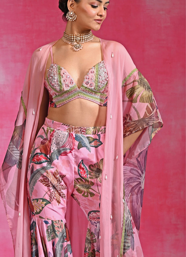 Pink Printed Crepe Blouse Sharara Set