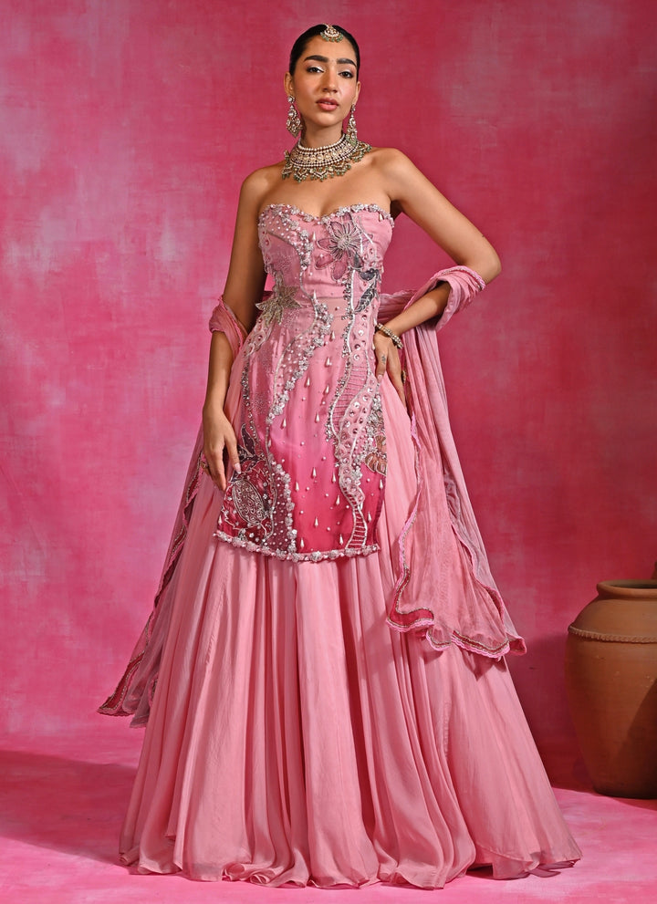 Pink Organza Kurta Lehenga Set