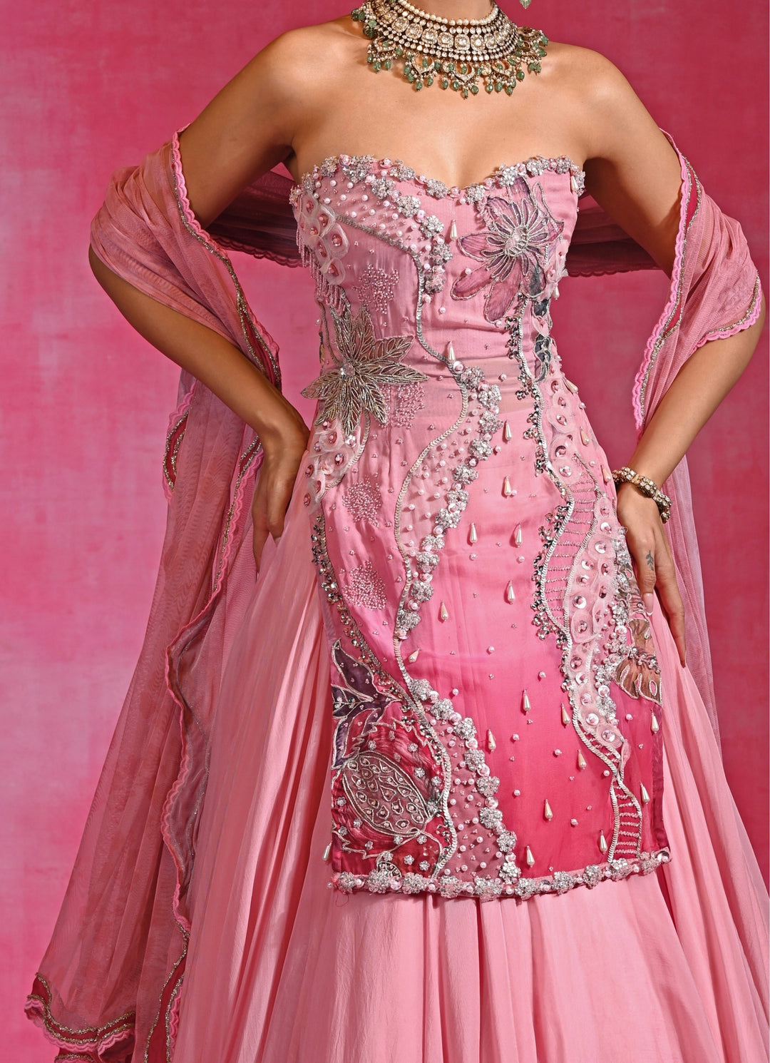 Pink Organza Kurta Lehenga Set