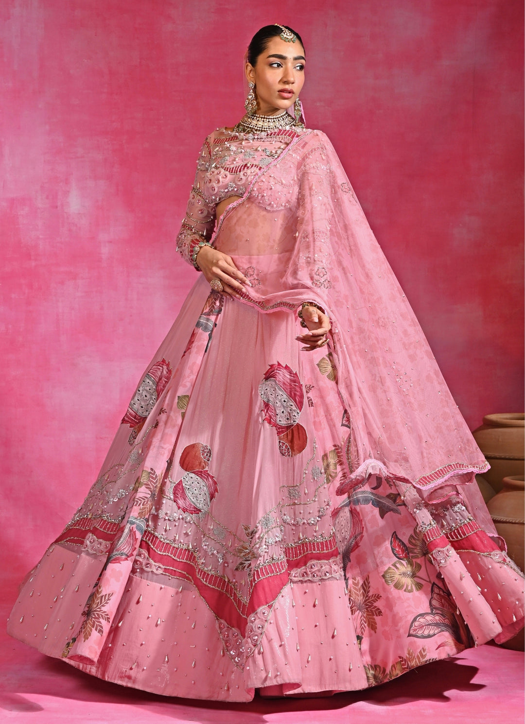 Pink Embroidered Organza Lehenga Set
