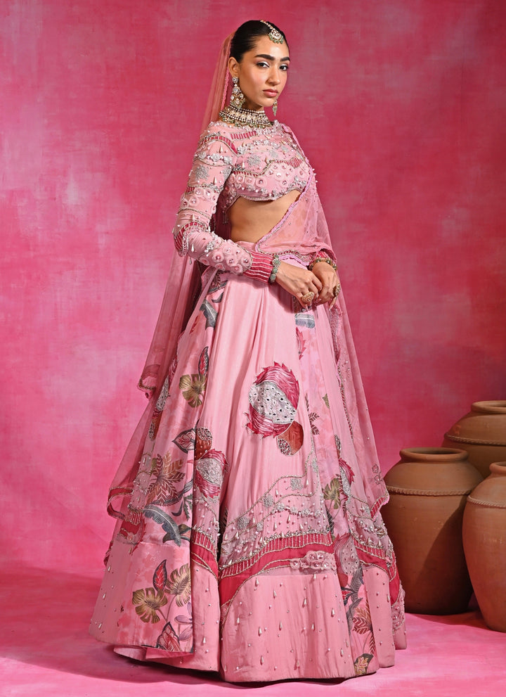 Pink Embroidered Organza Lehenga Set