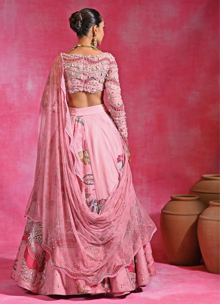 Pink Embroidered Organza Lehenga Set