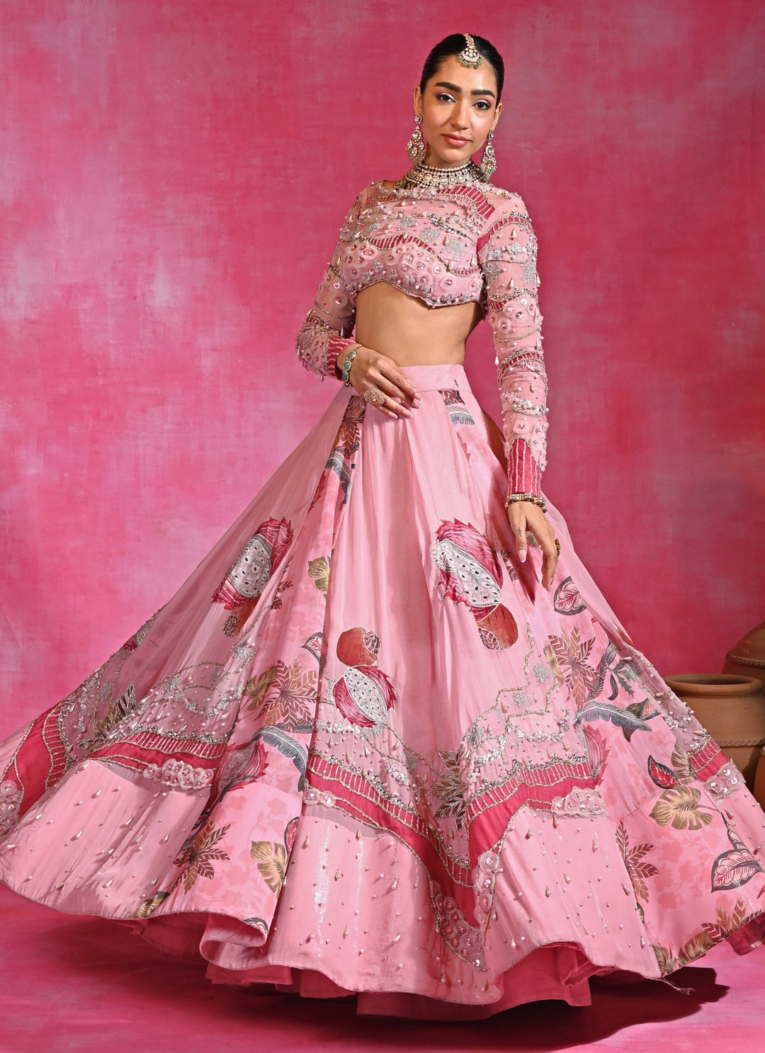Pink Embroidered Organza Lehenga Set