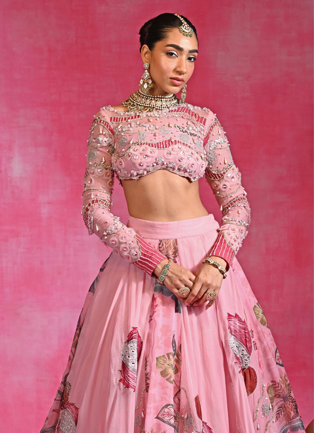 Pink Embroidered Organza Lehenga Set