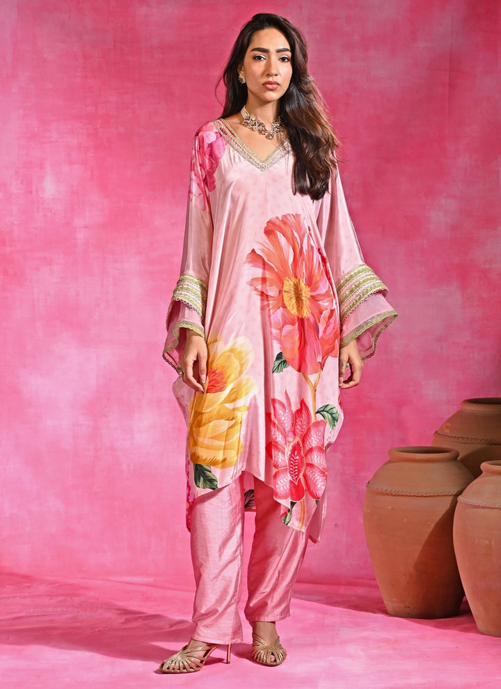 Pink Floral Crepe Kurta Pants Set