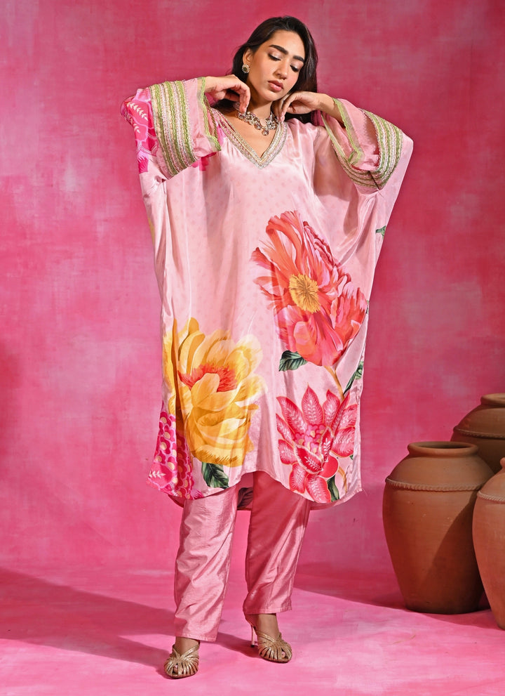 Pink Floral Crepe Kurta Pants Set