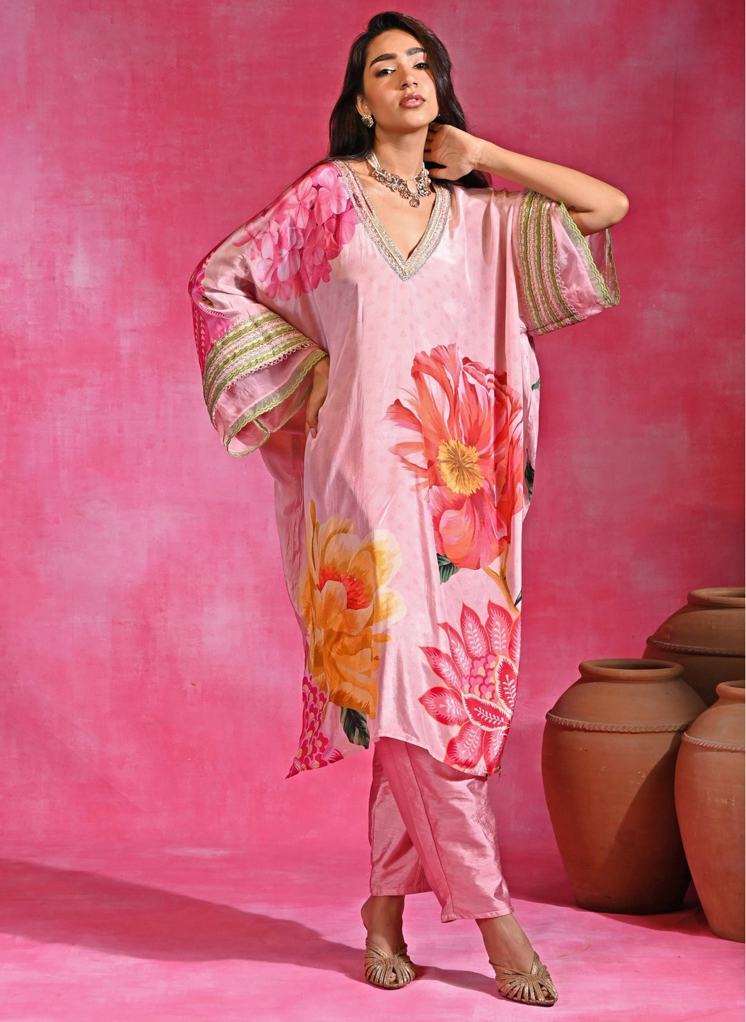 Pink Floral Crepe Kurta Pants Set