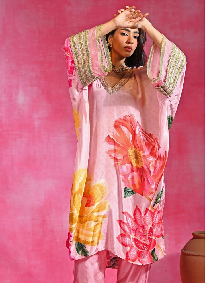 Pink Floral Crepe Kurta Pants Set