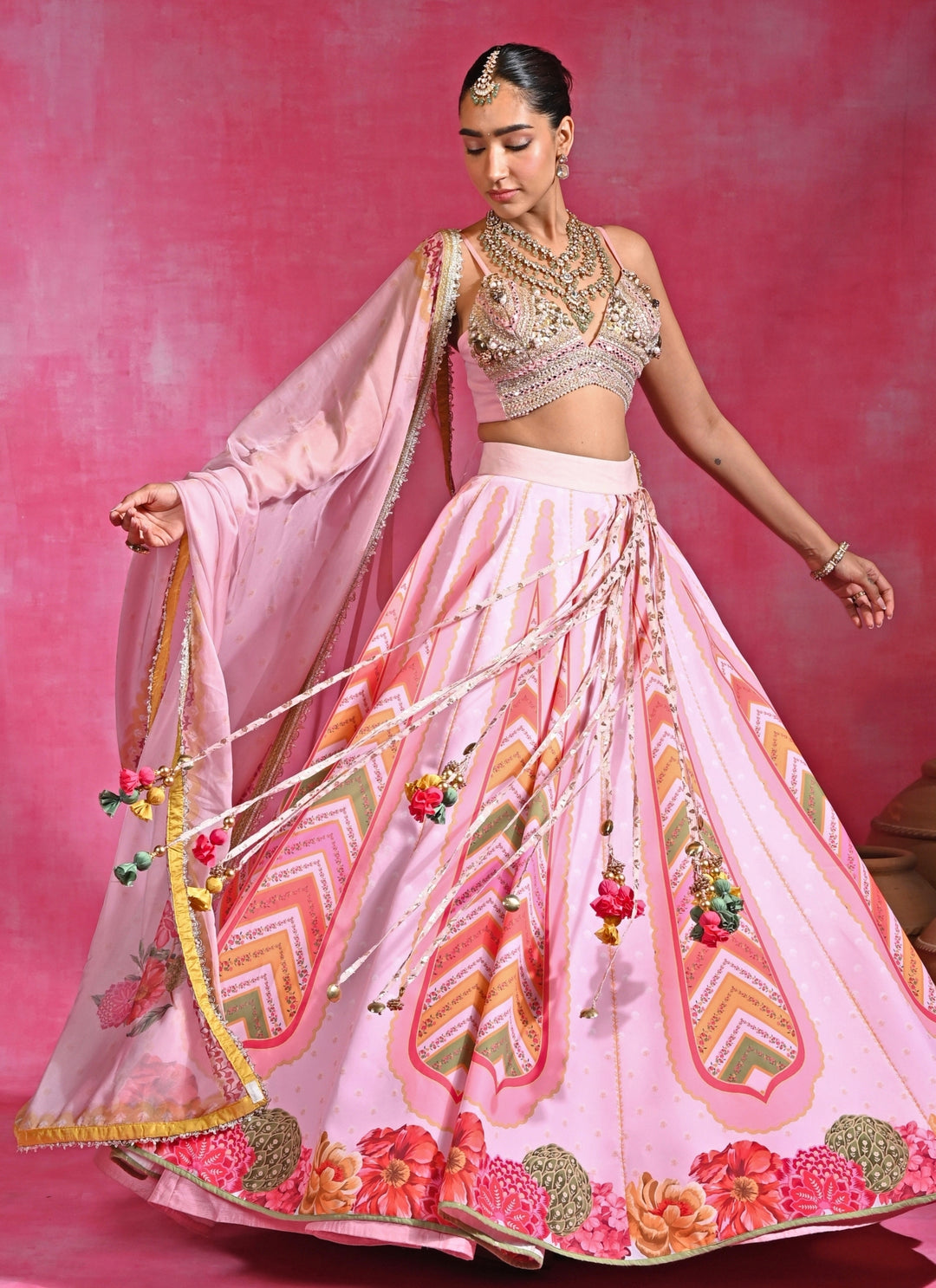 Pink Printed Organza Tassel Lehenga Set