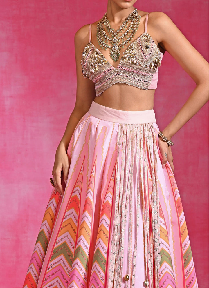 Pink Printed Organza Tassel Lehenga Set