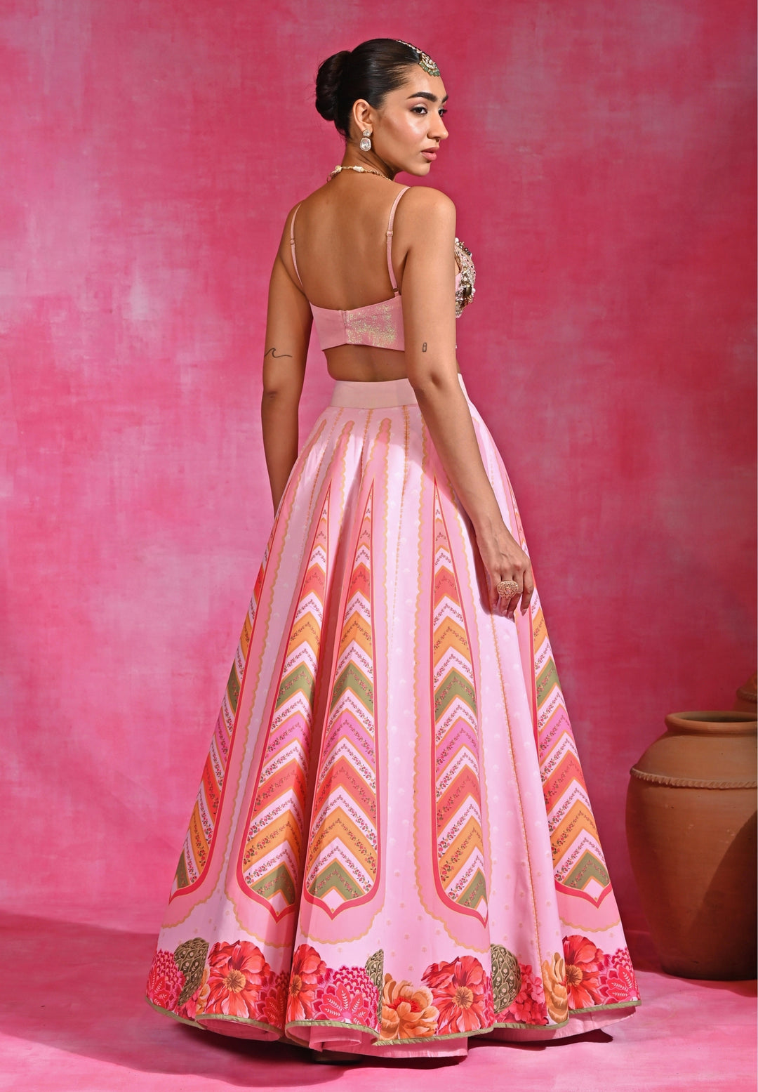 Pink Printed Organza Tassel Lehenga Set