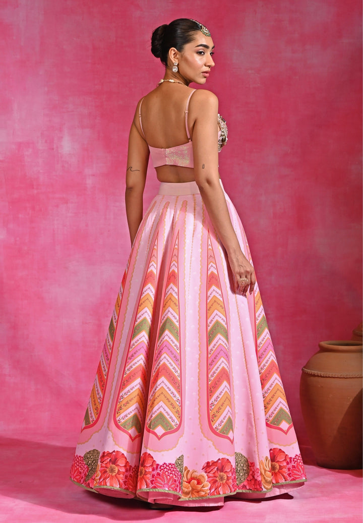 Pink Printed Organza Tassel Lehenga Set
