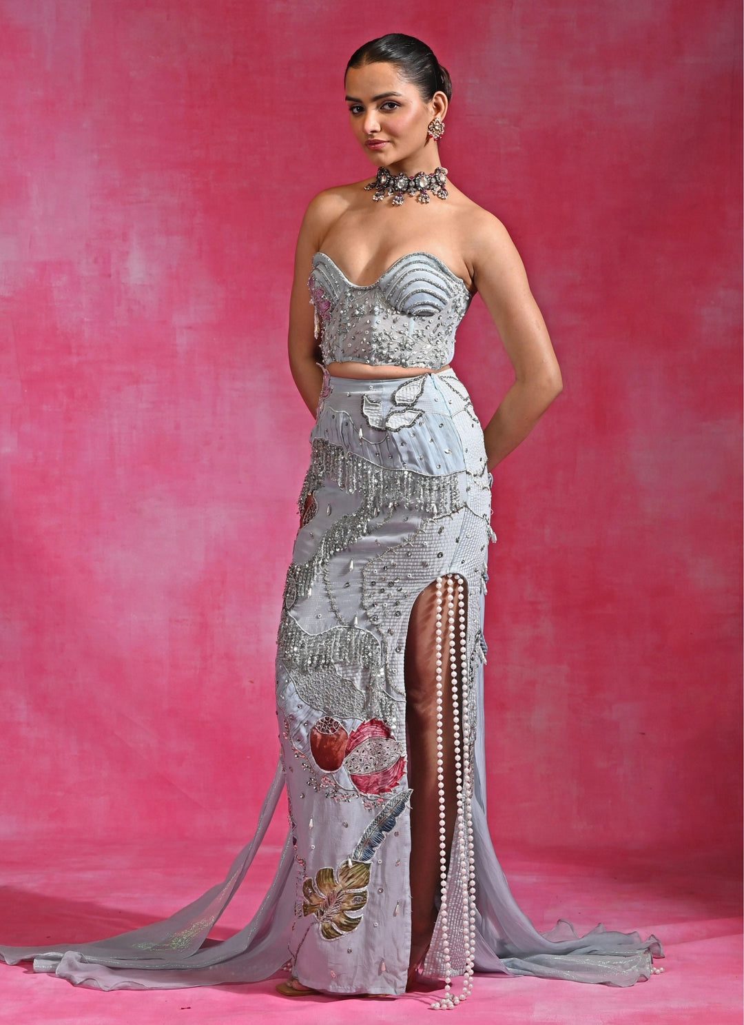 Ice Blue Organza Pencil Skirt Set With Corset