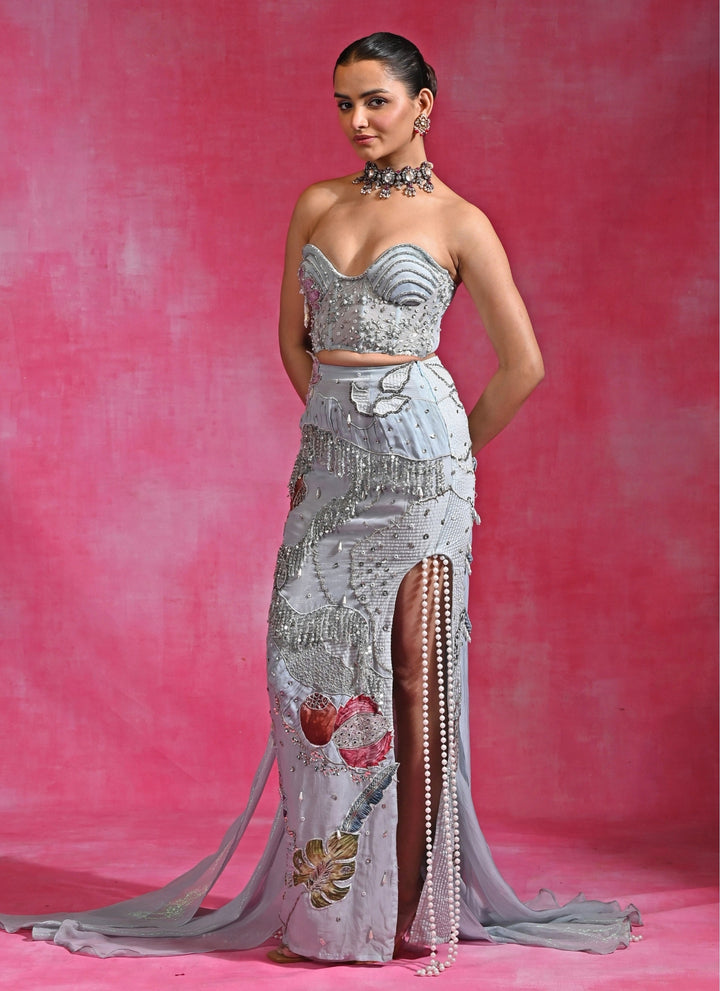 Ice Blue Organza Pencil Skirt Set With Corset