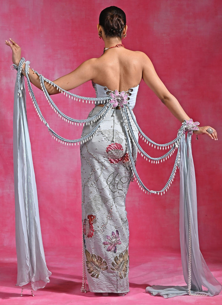 Ice Blue Organza Pencil Skirt Set With Corset