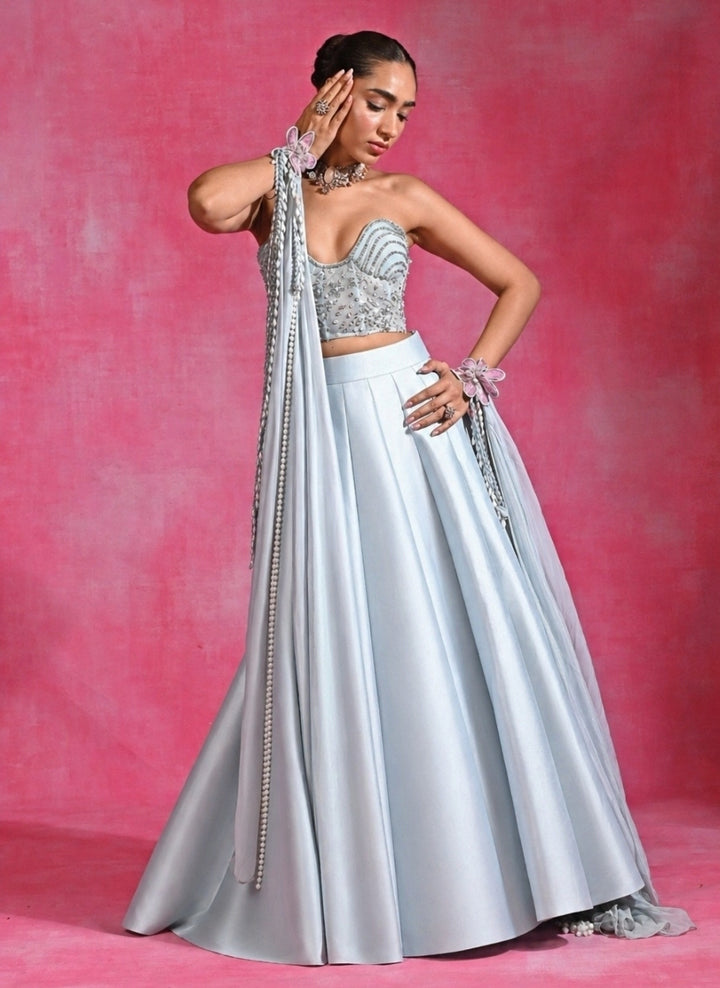 Ice Blue Silk Corset Lehenga Set